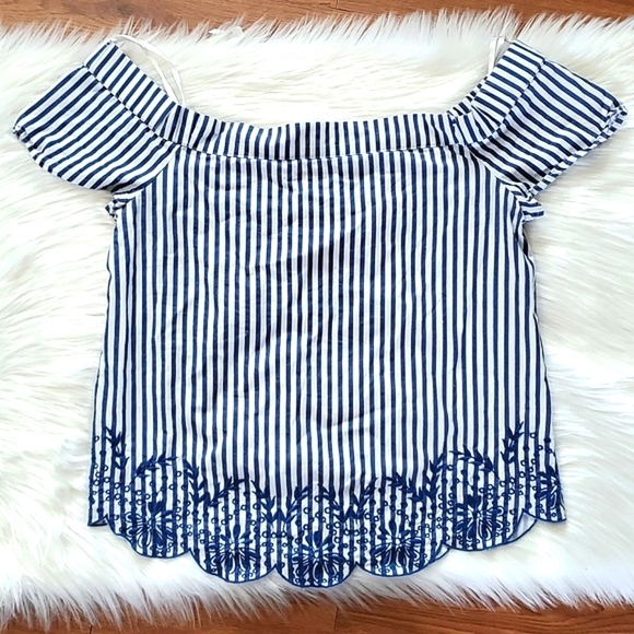 Dizzylizzy Navy Blue Striped Scoop Neck Off Shoulder Nautical Embroidered Top M - Picture 3 of 17